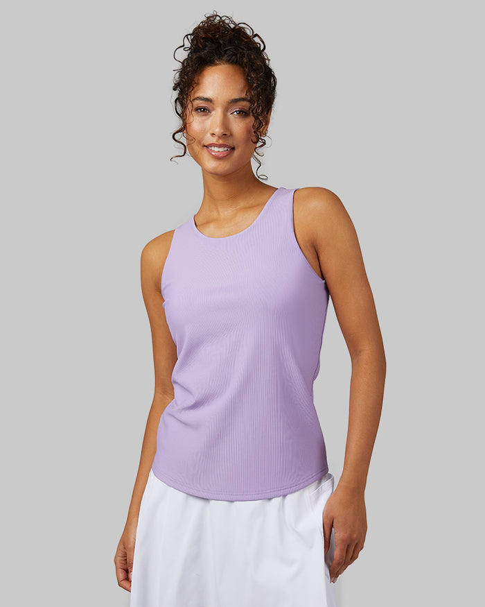 32 Degrees Sand Verbena _ Women's Active Rib Bra Tank {model: Meli is 5'9"and size 4 wearing size S}{bottom}{right} {bottom}{right}