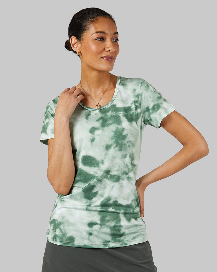 32 Degrees Sycamore Green Tie Dye _ Women's Cool Printed Fitted T-shirt {model: Marybeth is 5'8"and size 2 wearing size S}{bottom}{right} {bottom}{right}