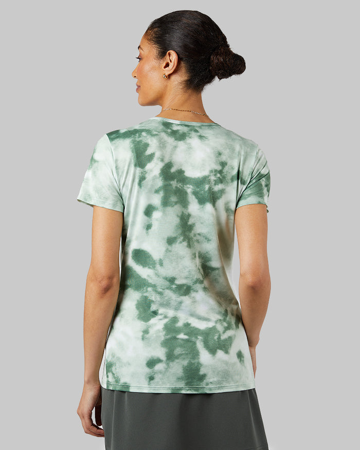 32 Degrees Sycamore Green Tie Dye _ Women's Cool Printed Fitted T-shirt {model: Marybeth is 5'8"and size 2 wearing size S}{bottom}{right} {bottom}{right}