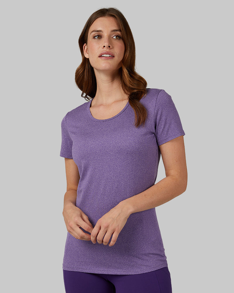 32 Degrees Tillandsia Purple Heather _ Women's Cool Fitted T-shirt {model: Lara is 5'9"and size 4, wearing size S}{bottom}{right} {bottom}{right}
