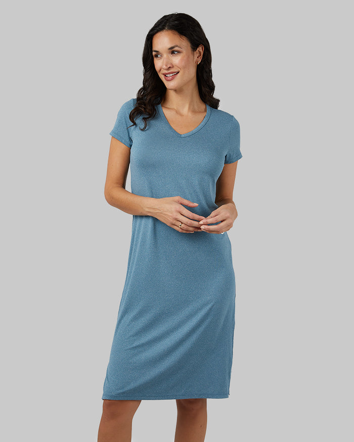 32 Degrees Moroccan Blue Heather _ Women's Cool T-shirt Dress {model: Scarlett is 5'10"and size 4 wearing size S}{bottom}{right} {bottom}{right}