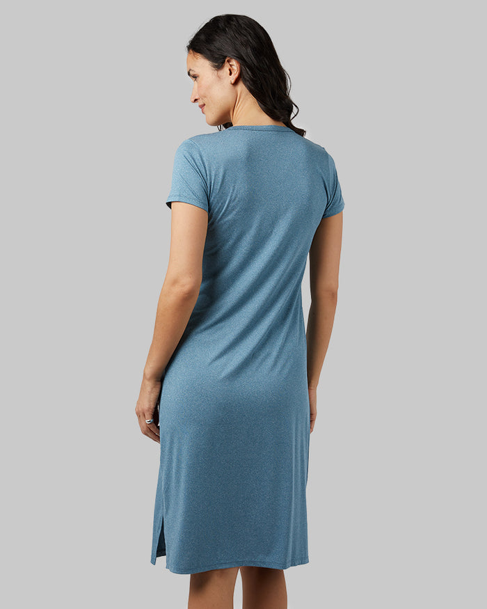 32 Degrees Moroccan Blue Heather _ Women's Cool T-shirt Dress {model: Scarlett is 5'10"and size 4 wearing size S}{bottom}{right} {bottom}{right}