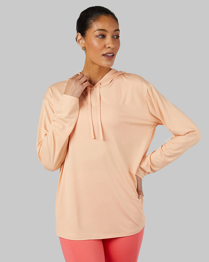 32 Degrees Peach Nectar Heather _ Women's Cool Long sleeve Hooded T-shirt {model: Marybeth is 5'8"and size 2 wearing size S}{bottom}{right} {bottom}{right}