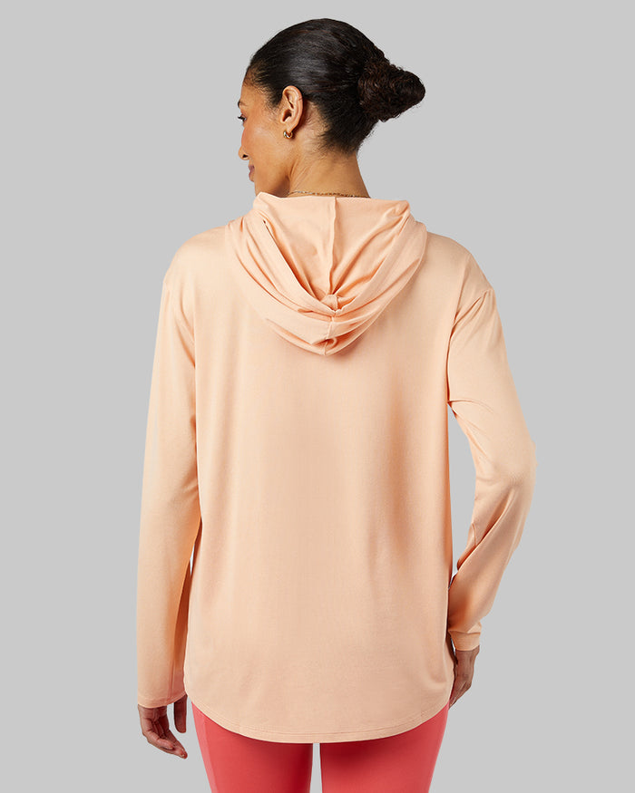 32 Degrees Peach Nectar Heather _ Women's Cool Long sleeve Hooded T-shirt {model: Marybeth is 5'8"and size 2 wearing size S}{bottom}{right} {bottom}{right}