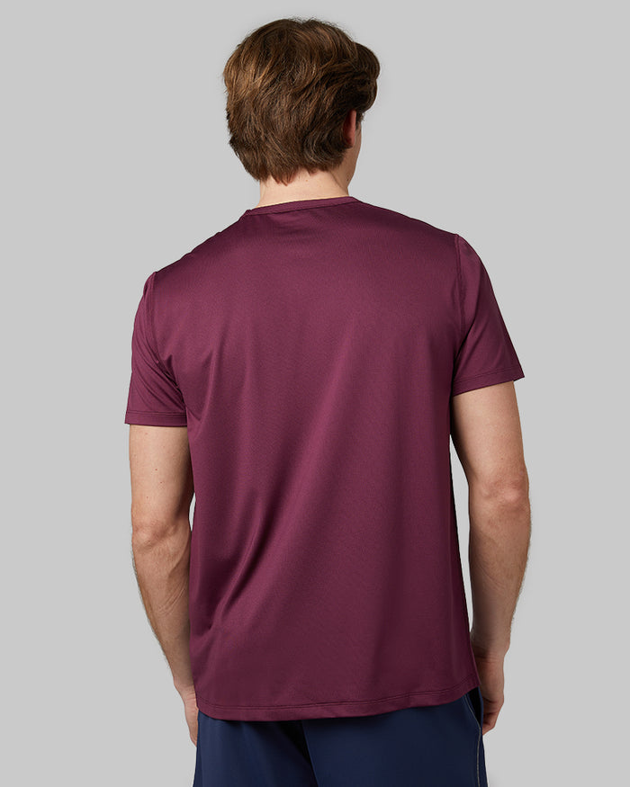 32 Degrees Pomegranate _ Men's Active Performance T-shirt {model: Michael is 6'0", wearing size M}{bottom}{right} {bottom}{right}