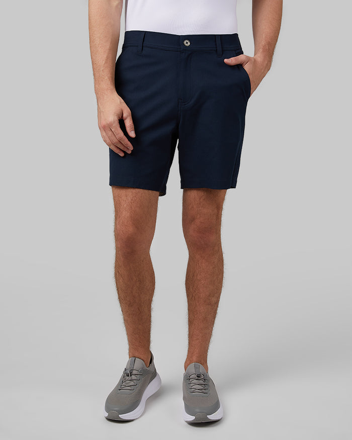 32 Degrees Dark Navy _ Men's stretch Woven 7-Inch short {model: Trevor is 6'1", wearing size M}{bottom}{right} {bottom}{right}