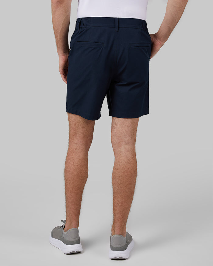 32 Degrees Dark Navy _ Men's stretch Woven 7-Inch short {model: Trevor is 6'1", wearing size M}{bottom}{right} {bottom}{right}
