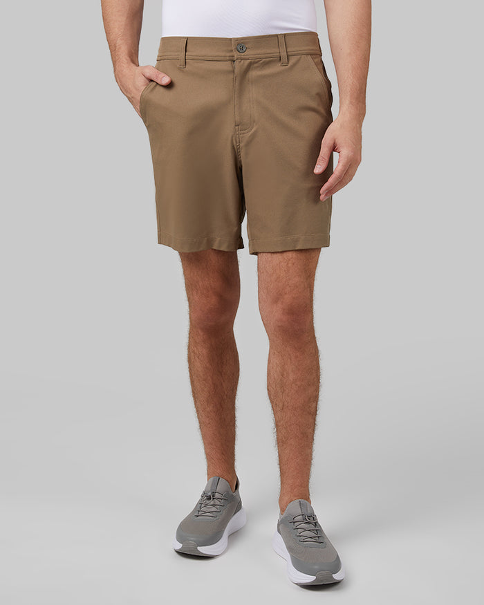 32 Degrees Desert Taupe _ Men's stretch Woven 7-Inch short {model: Trevor is 6'1", wearing size M}{bottom}{right} {bottom}{right}