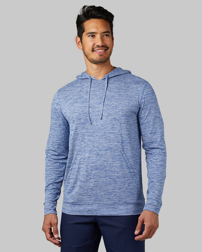 32 Degrees Royal Blue Space Dye _ Men's Cool Long sleeve Hooded T-shirt {model: Hugo is 6'1", wearing size M}{bottom}{right} {bottom}{right}