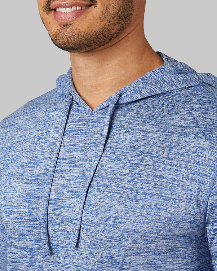 32 Degrees Royal Blue Space Dye _ Men's Cool Long sleeve Hooded T-shirt {model: Hugo is 6'1", wearing size M}{bottom}{right} {bottom}{right}