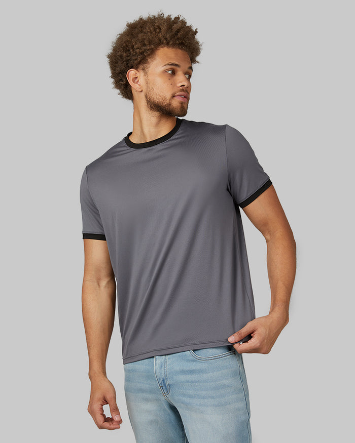 32 Degrees Storm Grey _ Men's Cool Ringer T-shirt {model: Beau is 6'2", wearing size M}{bottom}{right} {bottom}{right}