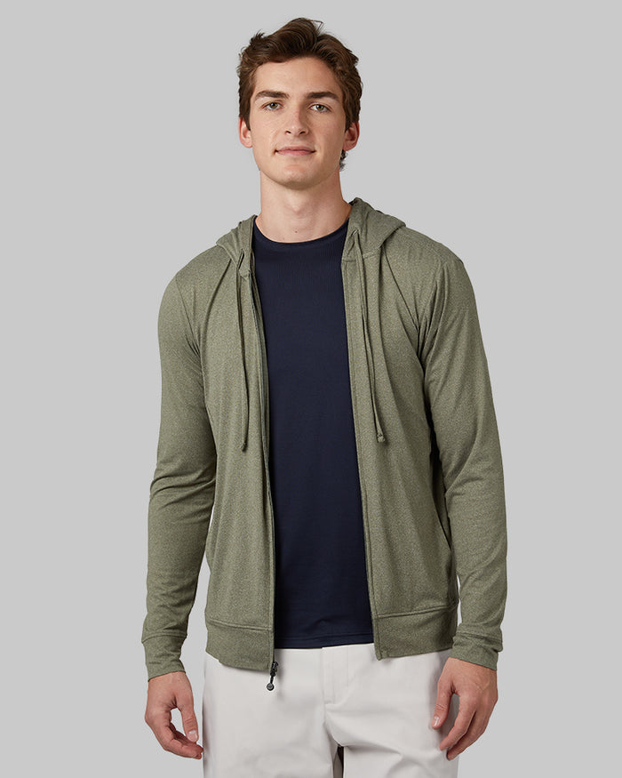 32 Degrees Oregano Heather _ Men's Cool Full-Zip Hoodie {model: Trevor is 6'1", wearing size M}{bottom}{right} {bottom}{right}