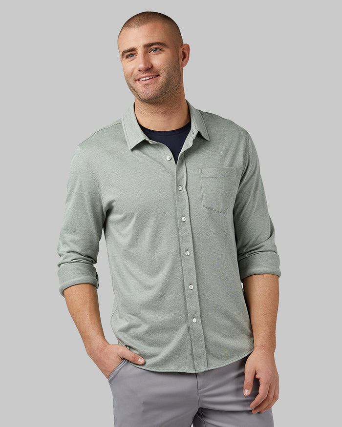 32 Degrees Sage Green _ Men's Casual Knit Long sleeve Button-Up {model: Ethan is 6'2", wearing size M}{bottom}{right} {bottom}{right}