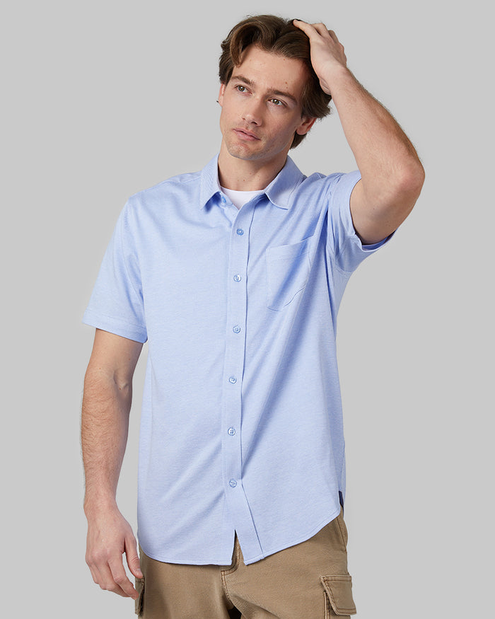 32 Degrees Bel Air Blue _ Men's Casual Knit short sleeve Button-Up {model: Michael is 6'0", wearing size M}{bottom}{right} {bottom}{right}
