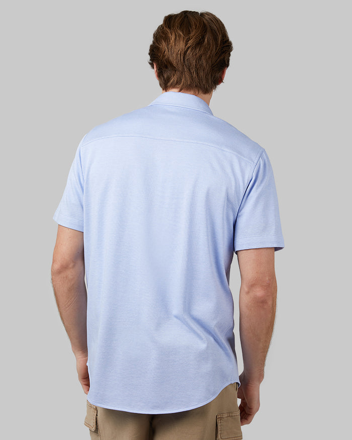 32 Degrees Bel Air Blue _ Men's Casual Knit short sleeve Button-Up {model: Michael is 6'0", wearing size M}{bottom}{right} {bottom}{right}