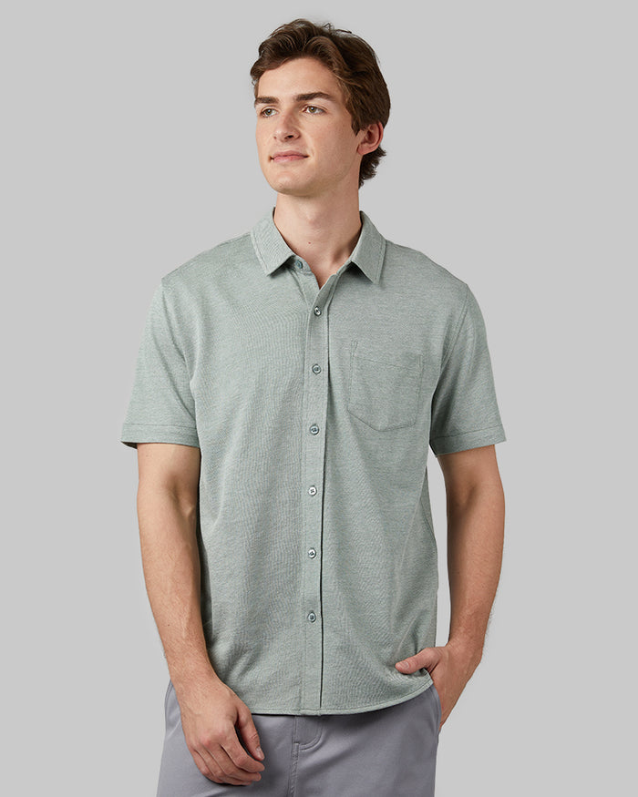 32 Degrees Sage _ Men's Casual Knit short sleeve Button-Up {model: Trevor is 6'1", wearing size M}{bottom}{right} {bottom}{right}