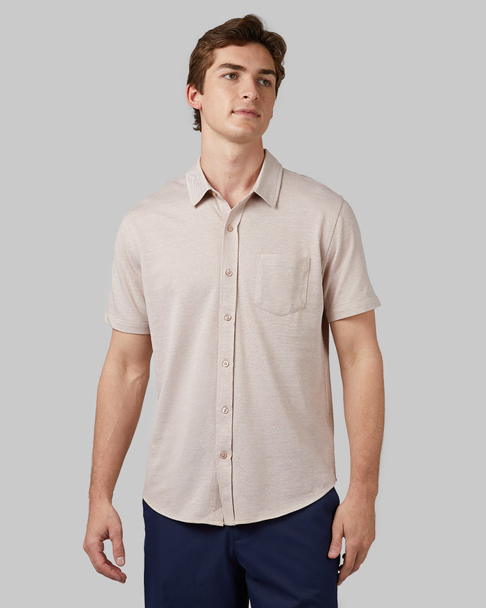 32 Degrees Taupe _ Men's Casual Knit short sleeve Button-Up {model: Trevor is 6'1", wearing size M}{bottom}{right} {bottom}{right}