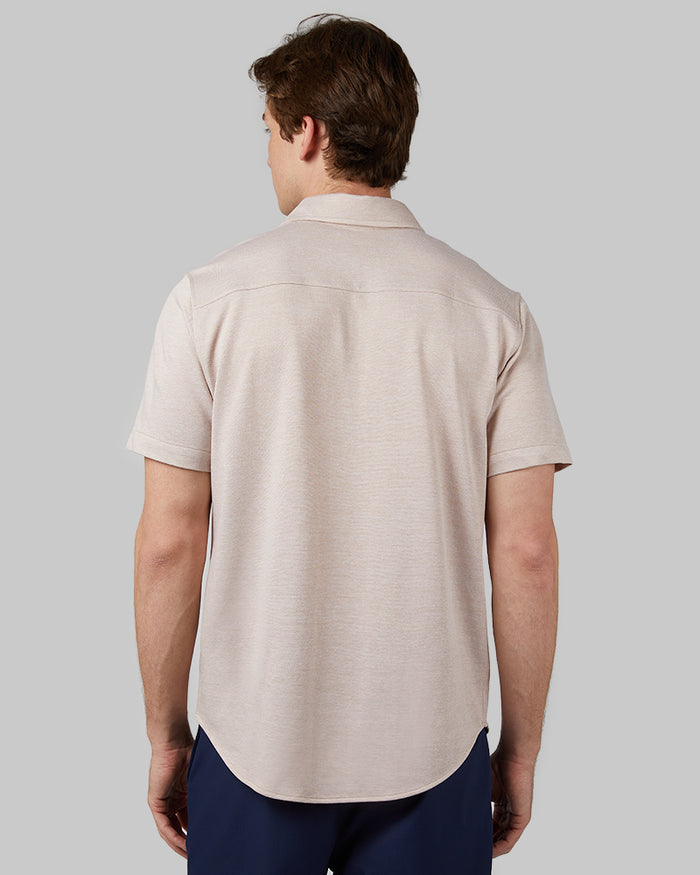 32 Degrees Taupe _ Men's Casual Knit short sleeve Button-Up {model: Trevor is 6'1", wearing size M}{bottom}{right} {bottom}{right}