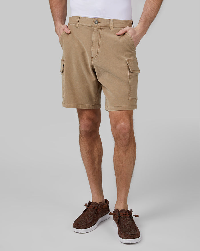 32 Degrees Taupe_ Men's stretch Comfort “sweatpant” Cargo short {model: Michael is 6'0", wearing size 30}{bottom}{right} {bottom}{right}