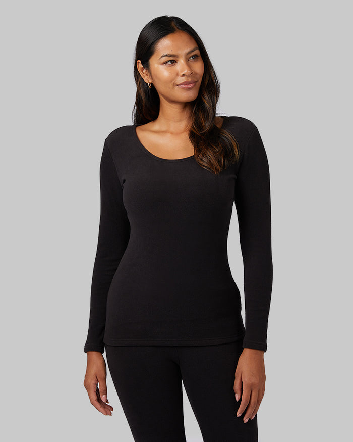 32 Degrees Black _ Women's Heavyweight Fleece Baselayer scoop Top {model: Victoria is 5'10"and size 4-6 wearing size S}{bottom}{right} {bottom}{right}