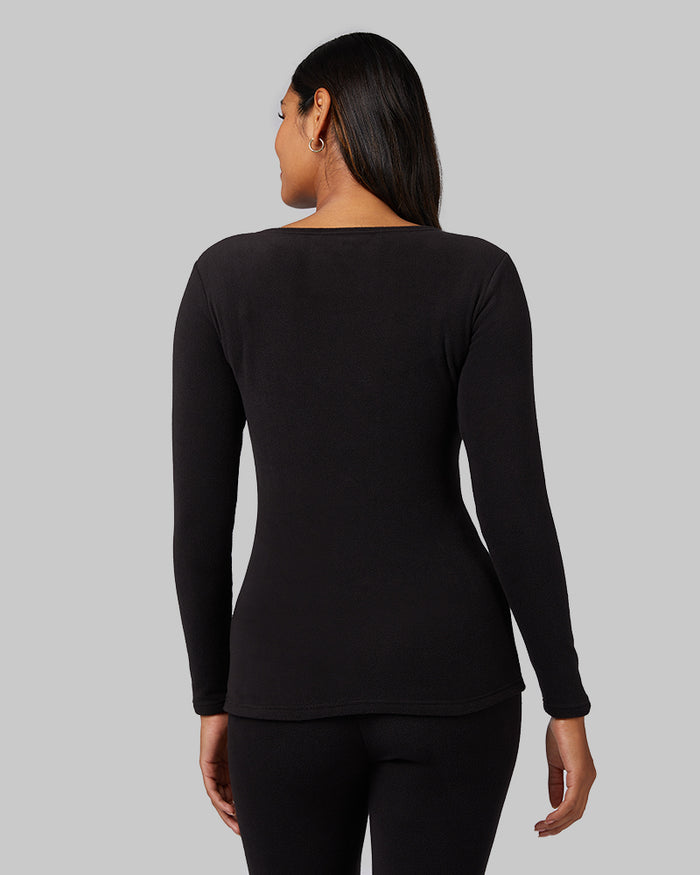 32 Degrees Black _ Women's Heavyweight Fleece Baselayer scoop Top {model: Victoria is 5'10"and size 4-6 wearing size S}{bottom}{right} {bottom}{right}