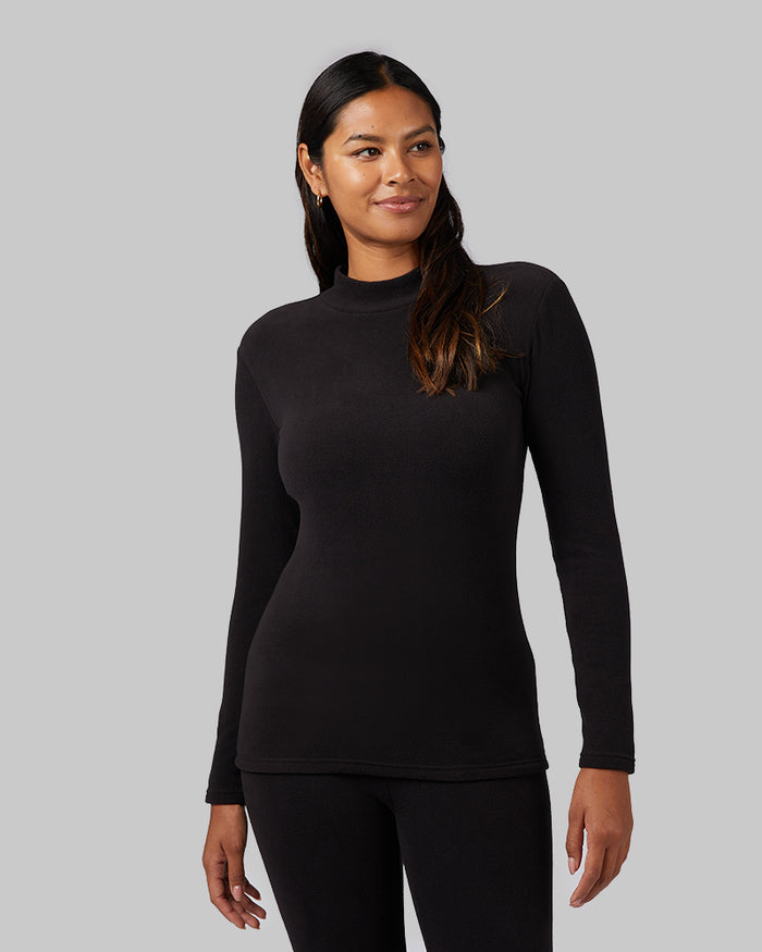 32 Degrees Black _ Women's Heavyweight Fleece Baselayer Mock Top {model: Victoria is 5'10"and size 4-6 wearing size S}{bottom}{right} {bottom}{right}
