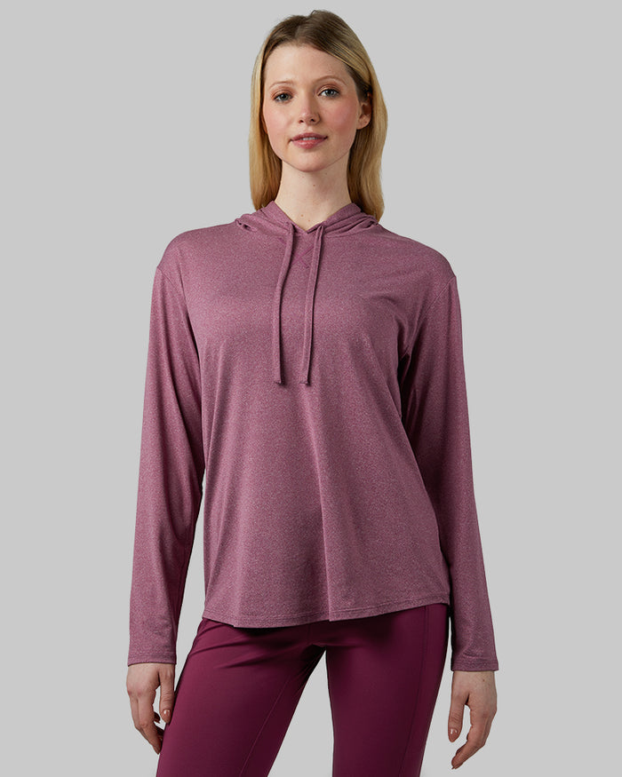 32 Degrees Amaranth Heather_ Women's Cool Long Sleeve Hooded T-shirt {model: Ava is 5'8"and size 4 wearing size S}{bottom}{right} {bottom}{right}