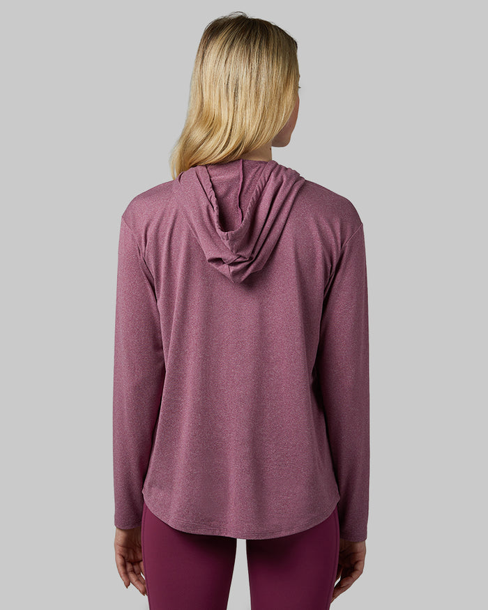 32 Degrees Amaranth Heather_ Women's Cool Long Sleeve Hooded T-shirt {model: Ava is 5'8"and size 4 wearing size S}{bottom}{right} {bottom}{right}