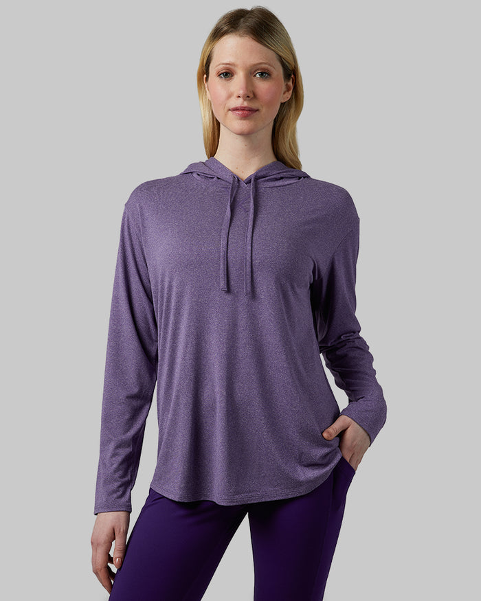 32 Degrees Parachute Purple_ Women's Cool Long Sleeve Hooded T-shirt {model: Ava is 5'8"and size 4 wearing size S}{bottom}{right} {bottom}{right}