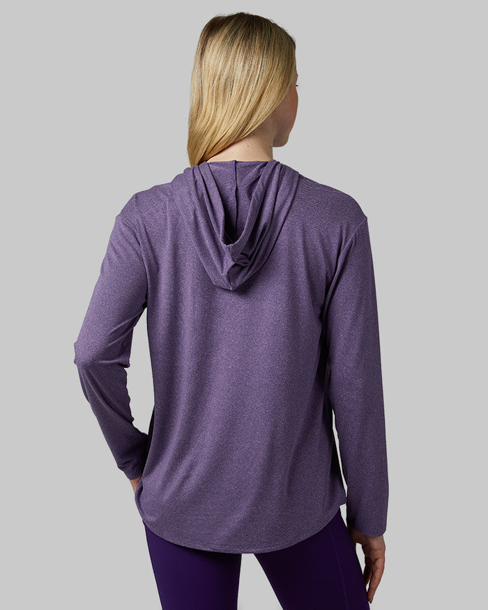 32 Degrees Parachute Purple_ Women's Cool Long Sleeve Hooded T-shirt {model: Ava is 5'8"and size 4 wearing size S}{bottom}{right} {bottom}{right}