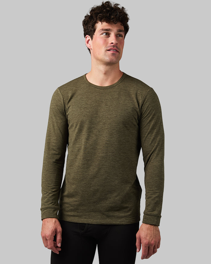 32 Degrees Forest Fog Heather _ Men's Midweight Brushed Baselayer Crew Top {model: Jared is 6'2", wearing size M}{bottom}{right} {bottom}{right}