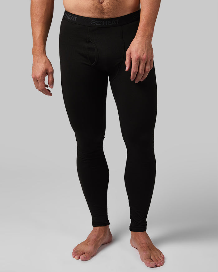 32 Degrees Black _ Men's Midweight Brushed Baselayer Legging {model: Jared is 6'2", wearing size M}{bottom}{right} {bottom}{right}