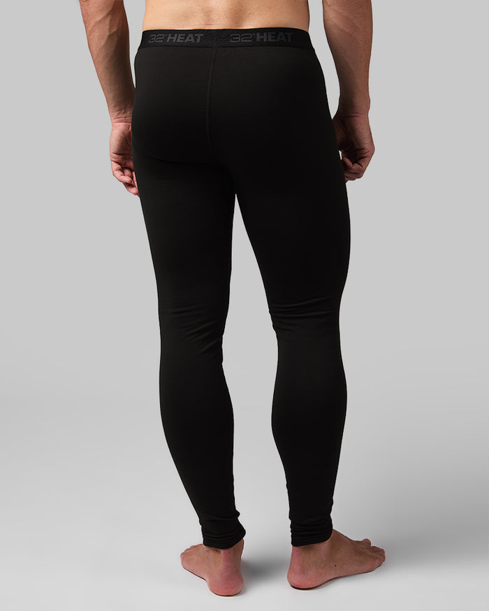 32 Degrees Black _ Men's Midweight Brushed Baselayer Legging {model: Jared is 6'2", wearing size M}{bottom}{right} {bottom}{right}