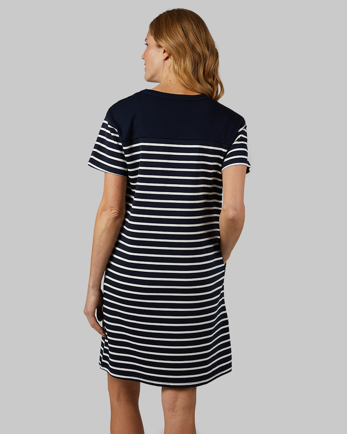 32 Degrees Navy/ Off-white strips _ Women's Luxe Knit Pocket Dress  {model: Sandrine is 5'9"and size 4 wearing size S}{bottom}{right} {bottom}{right}