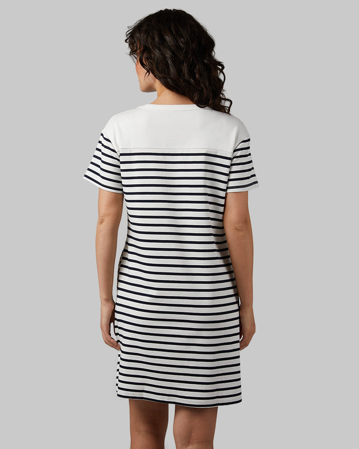 32 Degrees Off-white/ Navy strips _ Women's Luxe Knit Pocket Dress  {model: Rayana is 5'9"and size 4-6 wearing size S}{bottom}{right} {bottom}{right}