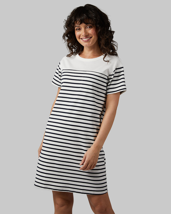 32 Degrees Off-white/ Navy strips _ Women's Luxe Knit Pocket Dress  {model: Rayana is 5'9"and size 4-6 wearing size S}{bottom}{right} {bottom}{right}