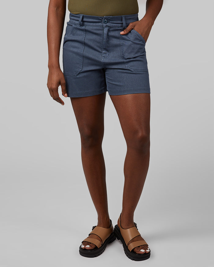 32 Degrees Dark Slate _ Women's Mini Knit Twill 5-Inch Short {model: Wemi is 5'10" size 4, wearing size S}{bottom}{right} {bottom}{right}