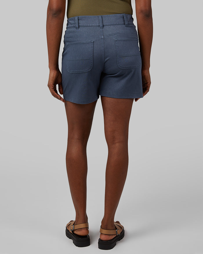 32 Degrees Dark Slate _ Women's Mini Knit Twill 5-Inch Short {model: Wemi is 5'10" size 4, wearing size S}{bottom}{right} {bottom}{right}