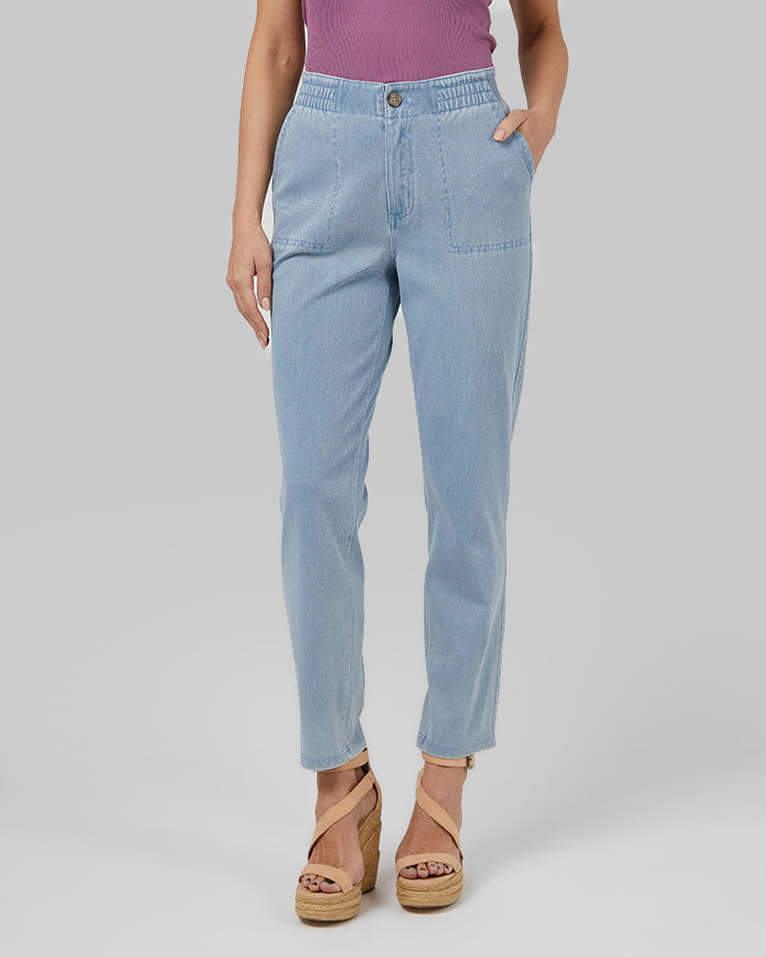 32 Degrees Light Blue _ Women's  “sweatpant” Ankle Jean {model: Bruna is 5'8"and size 4 wearing size S}{bottom}{right} {bottom}{right}