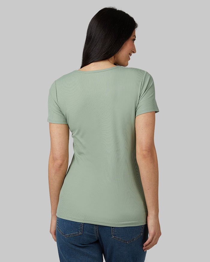 32 Degrees Greenbay _ Women's soft Rib Fitted T-shirt {model: Monica is 5'8"and size 4 wearing size S}{bottom}{right} {bottom}{right}
