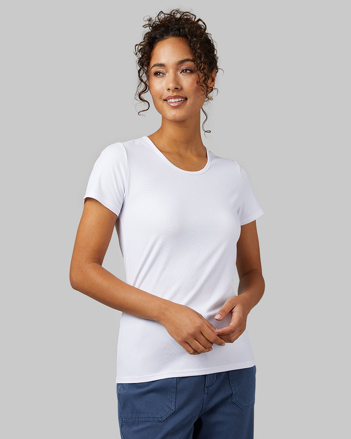 32 Degrees White _ Women's soft Rib Fitted T-shirt {model: Meli is 5'9"and size 4 wearing size S}{bottom}{right} {bottom}{right}