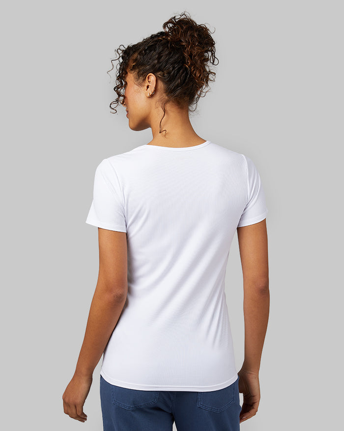 32 Degrees White _ Women's soft Rib Fitted T-shirt {model: Meli is 5'9"and size 4 wearing size S}{bottom}{right} {bottom}{right}