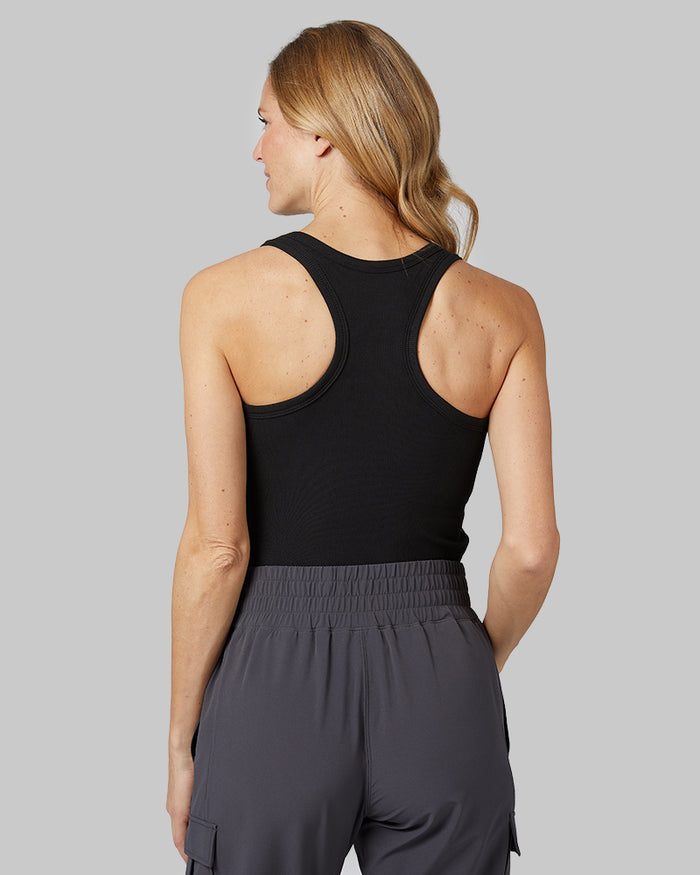 32 Degrees Black _ Women's soft Rib Racerback Bra Tank {model: Sandrine is 5'9"and size 4 wearing size S}{bottom}{right} {bottom}{right}