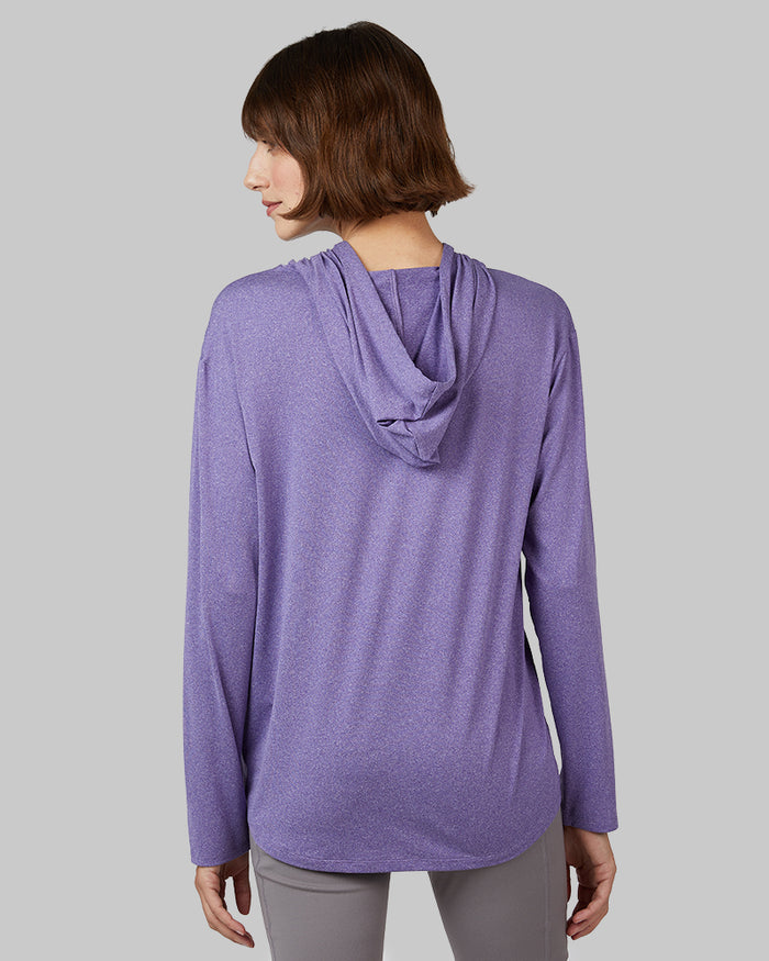 32 Degrees Celestial Purple Heather _ Women's Cool Long sleeve Hooded T-shirt {model: Kathie is 5'9"and size 4 wearing size S}{bottom}{right} {bottom}{right}