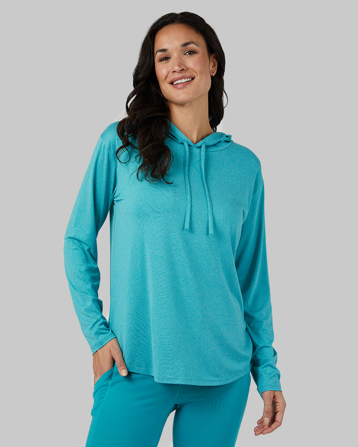 32 Degrees Tahitian Teal Heather _ Women's Cool Long sleeve Hooded T-shirt {model: Scarlett is 5'10"and size 4 wearing size S}{bottom}{right} {bottom}{right}