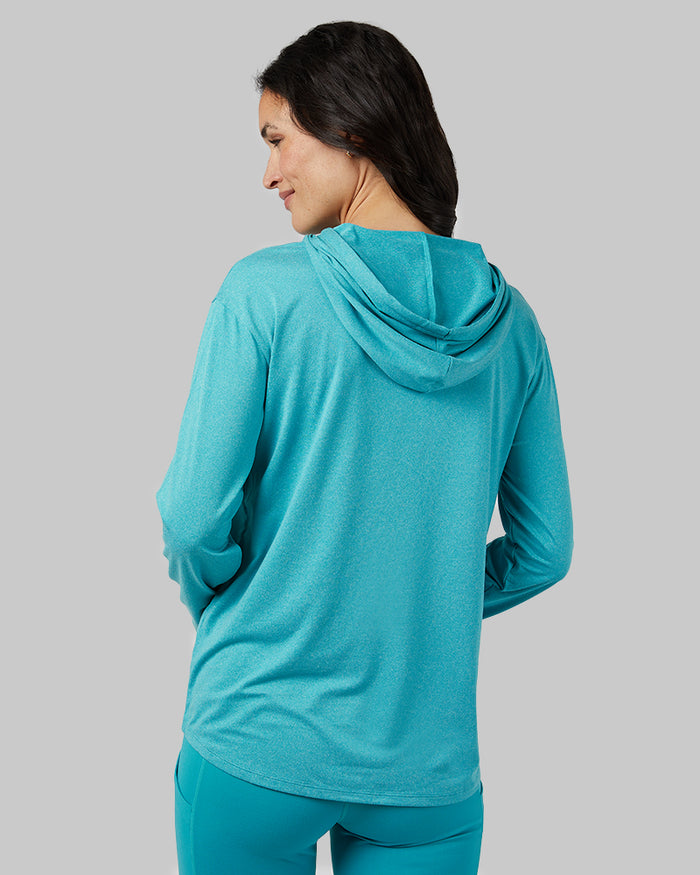 32 Degrees Tahitian Teal Heather _ Women's Cool Long sleeve Hooded T-shirt {model: Scarlett is 5'10"and size 4 wearing size S}{bottom}{right} {bottom}{right}