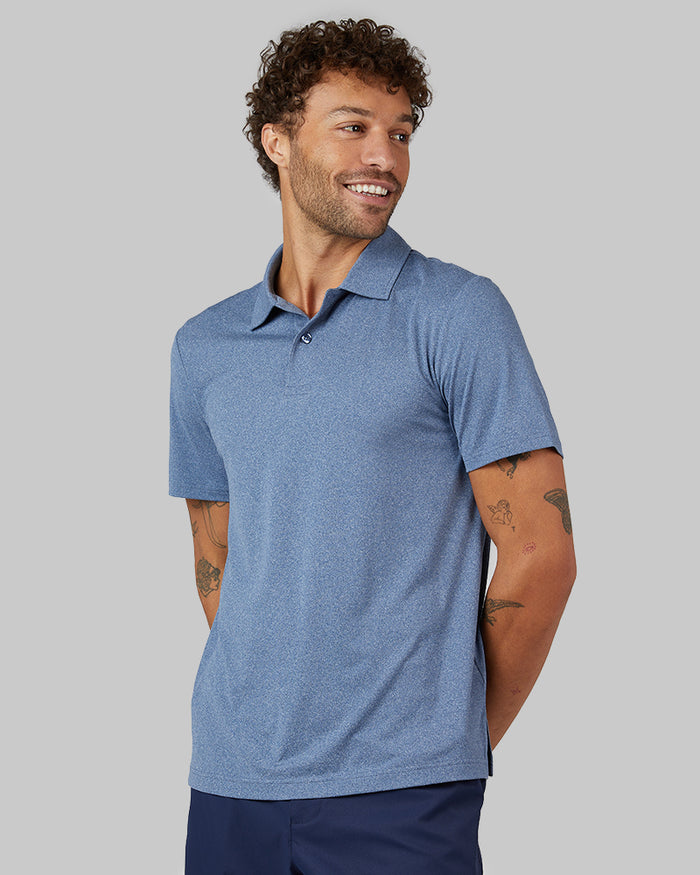 32 Degrees Academy Blue Heather _ Men's Cool Classic Polo {model: Miguel is 6'2", wearing size M}{bottom}{right} {bottom}{right}