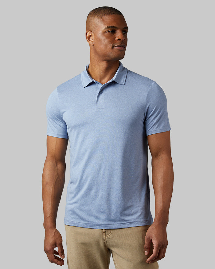 32 Degrees Beach Blue Heather _ Men's Cool Classic Polo {model: Isaiah is 6'2", wearing size M}{bottom}{right} {bottom}{right}