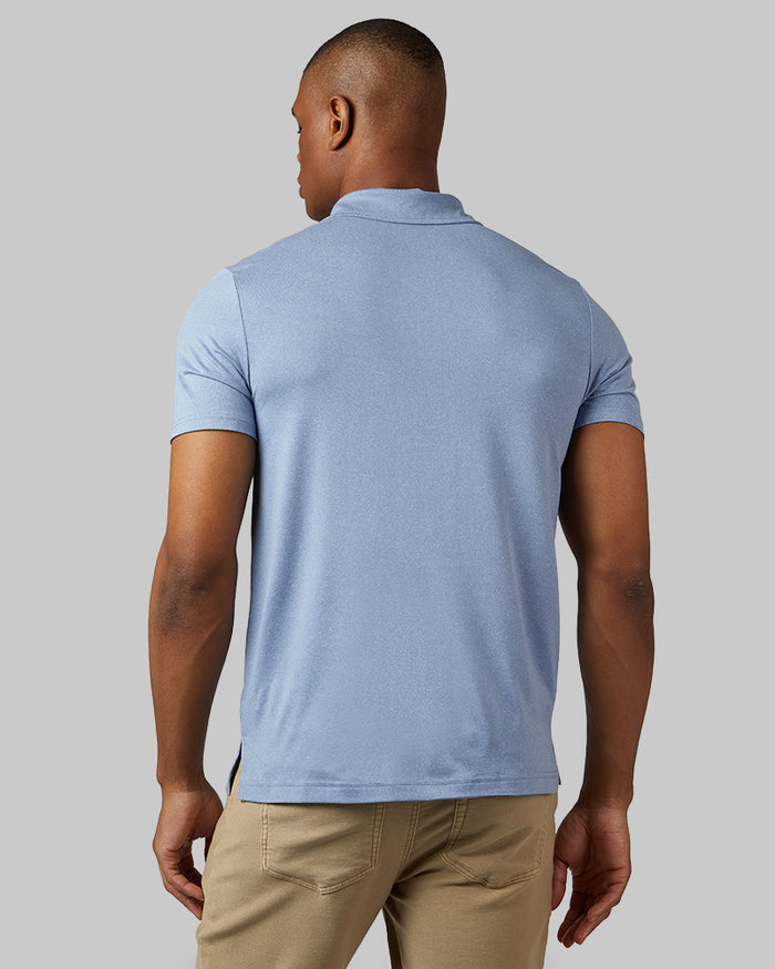 32 Degrees Beach Blue Heather _ Men's Cool Classic Polo {model: Isaiah is 6'2", wearing size M}{bottom}{right} {bottom}{right}
