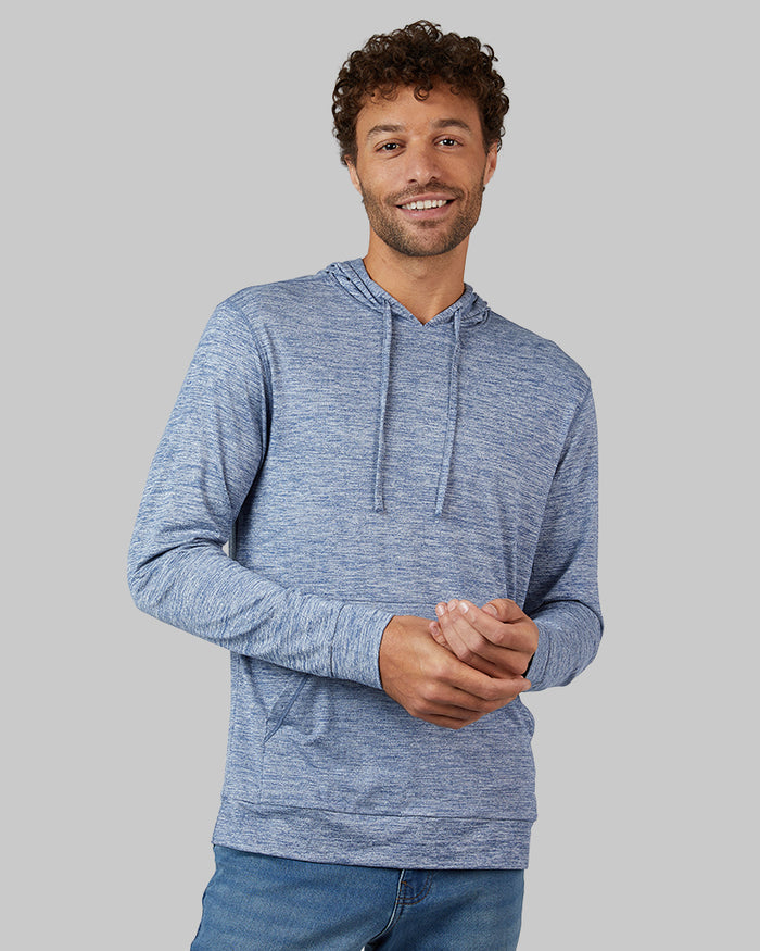 32 Degrees Academy Blue Space Dye _ Men's Cool Long sleeve Hooded T-shirt {model: Miguel is 6'2", wearing size M}{bottom}{right} {bottom}{right}